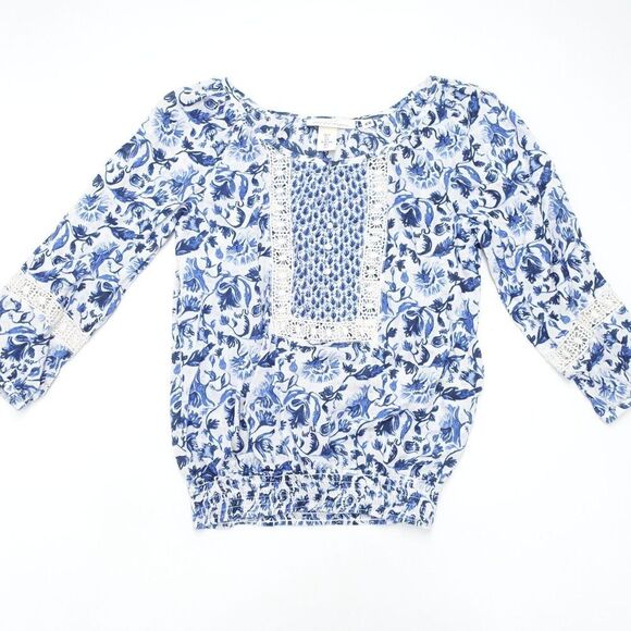 H&M LOGG Blouse Top Women's Size 6 Blue/White Floral Floral Round Neck Pullover - Picture 1 of 6